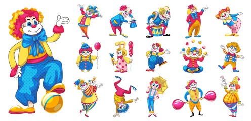 Poster - Clown icons set. Cartoon set of clown vector icons for web design