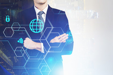 Poster - Confident man in night city, network interface