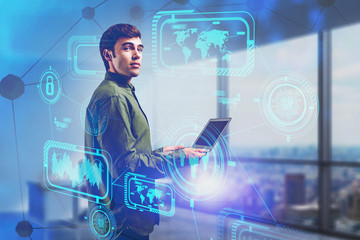 Poster - Man with laptop in office, HUD interface