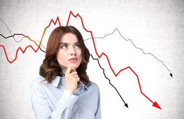 Poster - Pensive young businesswoman, falling graph