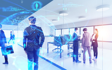 Poster - Business people in office, social network icons