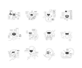 Poster - Good and bad bots thin line concept vector illustrations set. Internet robots 2D cartoon characters for web design. Personal AI assistants. Spam mails sending malware creative ideas