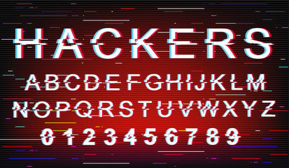Fototapete - Hackers glitch font template. Retro futuristic style vector alphabet set on red background. Capital letters, numbers and symbols. Cyberspace criminal typeface design with distortion effect