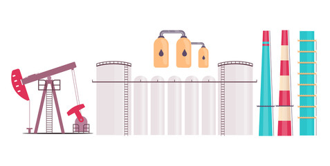 Poster - Refinery plant flat color vector objects set. Oil pump, tanks and factory chimneys 2D isolated cartoon illustrations on white background. Natural resources, burning fossil fuels mining industry