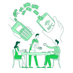Poster - Mobile wallet, contactless payment thin line concept vector illustration. Person paying bill with smartphone 2D cartoon character for web design. NFC, epayment, money transaction creative idea