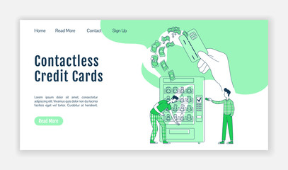 Poster - Contactless credit cards landing page flat silhouette vector template. NFC payment homepage layout. Pay card one page website interface with cartoon outline character. Food buying web banner, webpage