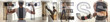 © Friends Stock - Sport background. Strong sporty woman working out at gym with an overlay of the word FITNESS. Working out with dumbbells. Panoramic banner header. Fitness