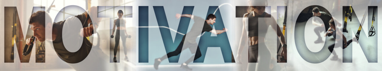 Strength and motivation. Group of young sporty people working at gym with an overlay of the word MOTIVATION. Collage. Panoramic banner header. Sport background