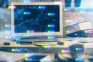 multi exposure of desktop computer and technology theme hologram. concept of software development.