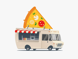 Pizza food truck cartoon illustration. Pizza delivery service concept. Isolated on white background. Vector illustration