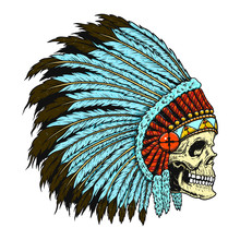 Illustration Of Native Indian Skull In Traditional Headdress. Design Element For Logo, Label, Emblem, Sign, Badge. Vector Illustration