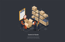 Isometric Team Control Of Goods Concept. Warehouse Workers Are Checking Goods, Certificate Of Quality With Checkmark, Cardboard Parcel Boxes Control, Process Of Packaging Cargo. Vector Illustration