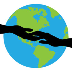 Wall Mural - Vector illustration of world and connection hands on white background. Symbol of people and planet.