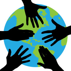 Wall Mural - Vector illustration of world and connection hands on white background. Symbol of people and planet.