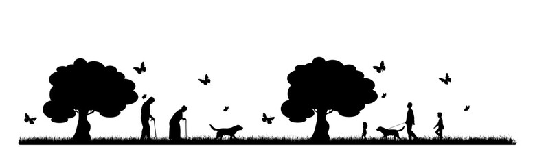 Sticker - Vector silhouette of people walking with dog in park on white background. Symbol of nature and pet.