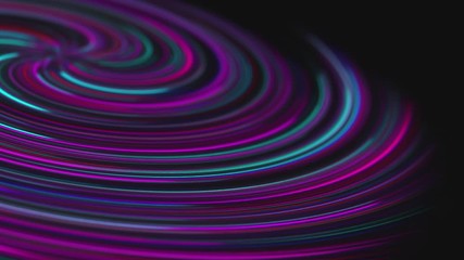 Poster - An abstraction of a hurricane drawing in neon rays. Multi-colored stripes that change color rotate on a black background. Neon rays in pink and purple. Rotating neon beams are sucked into the funnel