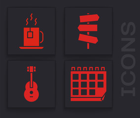 Sticker - Set Calendar, Cup of tea with tea bag, Road traffic signpost and Guitar icon. Vector