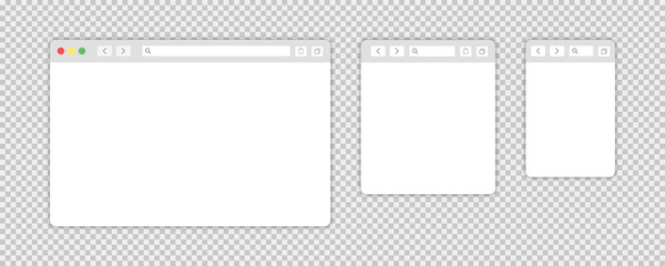 Wall Mural - Browser window isolated vector web elements transparent background. Design template with browser window for mobile device design. Blank template. Mockup for web site design.