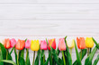 © Limages Studio - Top view on color tulips in a row on white wooden table