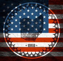 Wall Mural - Image relative to USA travel. Ohio state map textured by lines and dots pattern. Stamp in the shape of a circle. Flag of the USA