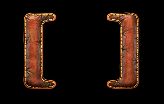 Set of symbols left and right bracket made of leather. 3D render font with skin texture isolated on black background.