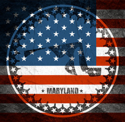 Wall Mural - Image relative to USA travel. Maryland state map textured by lines and dots pattern. Stamp in the shape of a circle. Flag of the USA