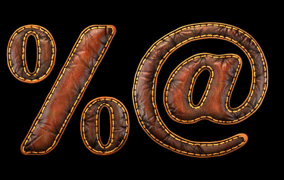 Set of symbols percent and at made of leather. 3D render font with skin texture isolated on black background.