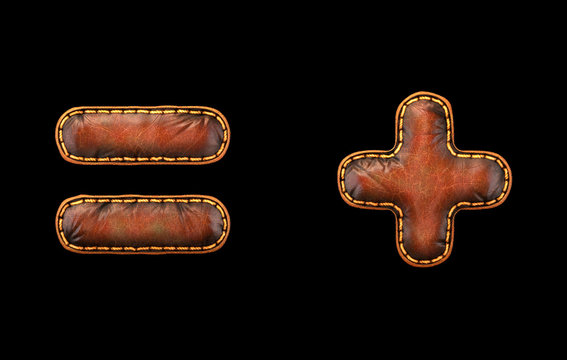Set of symbols equals and plus made of leather. 3D render font with skin texture isolated on black background.