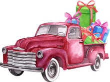 Christmas Red Retro Truck With Christmas Tree, Gifts And Other Decorations. Watercolor Holiday Illustration. Perfect For Your Christmas And New Year Project, Invitations, Greeting Cards, Wallpapers