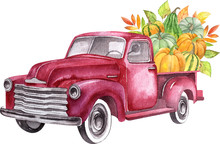 Watercolor Retro Truck With Harvest - Pumpkin Vegetables. Hand Painted Vintage Retro Car Illustration Perfect For Thanksgiving Card Making, Wedding Invitation And Fall Autumn Postcards 