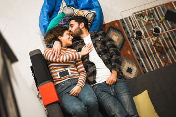 Young couple having tender moments during quarantine isolation - Happy people chilling at home - Domestic lifestyle, love, relationship concept - Focus on faces