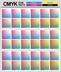 Colour palette to CMYK. Process color. Color palette color composition conform to the CMYK description. Cyan. Magenta. Yellow. Black