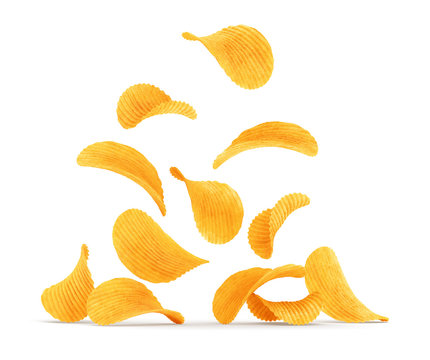 Grooved potato chips falling down. Rippled wavy snack food refreshment. Isolated on white background. 3d rendered illustration.