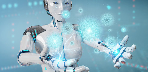 Poster - Robot analyzing bacteria with digital holographic projection close-up 3D rendering