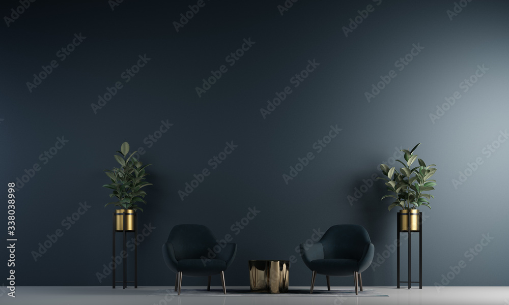 Modern interior of lounge and living room design and blue wall background - obrazy, fototapety, plakaty 