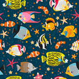 Fototapeta Dinusie - A seamless pattern with exotic tropical fishes