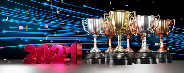 Wall Mural - 2021 and golden trophy award with falling confetti. copy space for text. concept for champion year 2