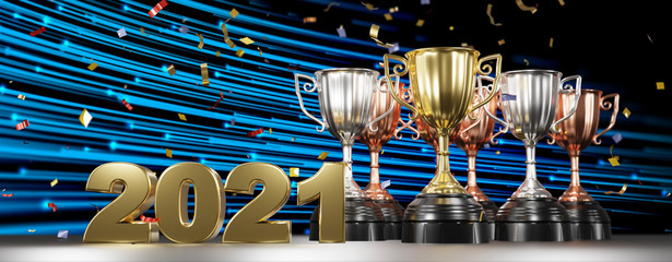 Wall Mural - 2021 and golden trophy award with falling confetti. copy space for text. concept for champion year 2021.  3d rendering.