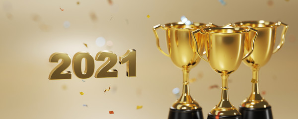 Wall Mural - 2021 and golden trophy award with falling confetti. copy space for text. concept for champion year 2