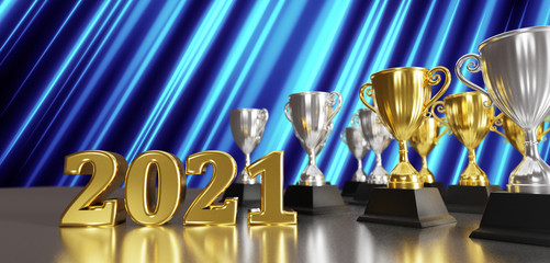 Wall Mural - 2021 and golden trophy award with falling confetti. copy space for text. concept for champion year 2