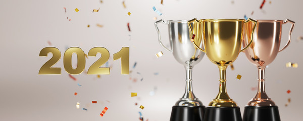 Sticker - 2021 and golden trophy award with falling confetti. copy space for text. concept for champion year 2021.  3d rendering.