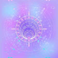 Wall Mural - Vector illustration of Sacred geometry symbol on abstract background. Mystic sign drawn in lines. Image in purple color.