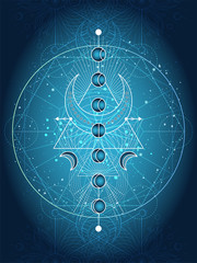 Wall Mural - Vector illustration of Sacred geometry symbol on abstract background. Mystic sign drawn in lines. Image in blue color. 