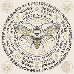 Wall Mural - Vector illustration with a butterfly Dead head with skull-shaped pattern on the thorax in retro style. Hand-drawn banner with magical symbols, occult signs and runes written in a circle