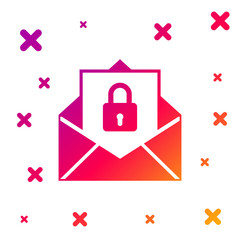 Poster - Color Secure mail icon isolated on white background. Mailing envelope locked with padlock. Gradient random dynamic shapes. Vector Illustration