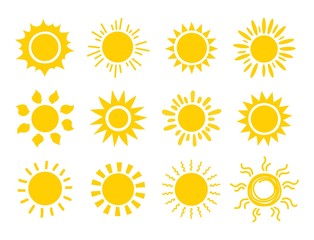 Wall Mural - yellow sun icon set. orange summer spring sunshine rays. weather bright sunlight sing. vector illust