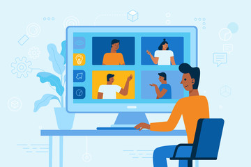 Poster - Vector illustration in simple flat style with chatacyers - video conference and online meeting interface - teamwork and development concept - banner and infographics design template