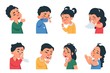 Sneezing kids. Cartoon boys and girls characters coughing and catching flu, coronavirus disease symptoms and prevention concept. Vector kids with virus infection sneezes, cough, headache