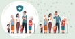 © SpicyTruffel - Sick and healthy family. Cartoon healthy and ill characters with symptoms of coronavirus, pneumonia and flu prevention concept. Vector people in medical masks for health protective kids, children