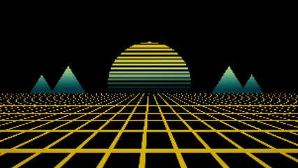 Sticker - Retro cyberpunk style 80s game scene pixel art 8-bit sci-fi background. Futuristic with laser grid landscape. Digital cyber surface style of the 1980`s. 3D illustration